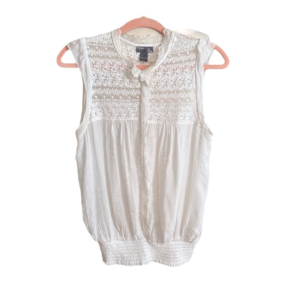 POETRY Antique Ivory Semi-Sheer Lace Sleeveless Blouse Vintage Inspired Large‎